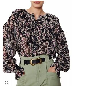 BA&SH Genny Printed Blouse Noir Black Purple Abstract Leaf Ruffle Top Size 1 S